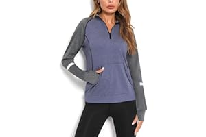 Terecey T-Shirts de Sport Femme à Manches Longues Tee Shirt de Course à Pied 1/4 Zip T Shirt de Compression Thermique Séchage Rapide avec Trous pour Les Pouces Respirant