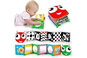 Inbeby Black and White Sensory Toys Tummy Time Baby Cloth Book with 4 Tummy Time Mirror Toys,3D Brain Development Baby Toys 0-6 Months Foldable Standable,Sensory Toys for Babies Newborn Pram Hanging