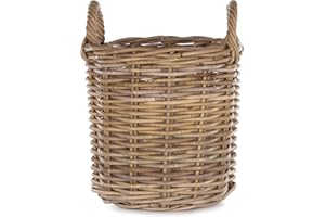 Virginia Hayward Wicker Storage Basket - Strong Durable Round Log Basket for Kindling, Natural Wicker Handcrafted Rustic Hamper with Handles 280mm x 360mm