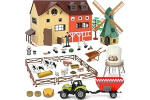 QiquBox Granja Juguete, Granja Animales Figuras Juguete con Granero Casa Molino de Viento Valla Tractor, Regalos Cumpleaños Navidad para Niñas Niños 3 4 5 6 7 Años