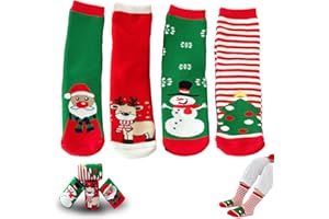 FMKLDENA Weihnachten Socken, 4 Paar Socken Weihnachten Kinder, Lustige Weihnachtssocken, Mädchen Weihnachtssocken, Weihnachtssocken, Weihnachts-Cartoon-Muster, Weihnachtsgeschenke Für Kinder