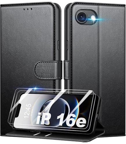 FONREST Custodia a portafoglio posteriore sottile per iPhone 16e 2025 con blocco RFID, pannello flip/cavalletto, antiurto TPU+custodia protettiva posteriore in pelle PU con bottoni magnetici (nero