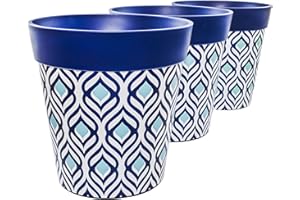 Hum Flowerpots, 22 cm, Lot de 3, Divers Motifs, Coloris et Tailles, Pots de Fleurs en Plastique Intérieur/Extérieur Plume de Paon Bleu