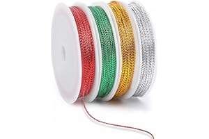 JUNEBRUSHS 87 Yards Christmas Metal Cord Ornament Cord, Christmas Ribbon Cord, Golden String Hanging for Crafts Ornaments Jewellery Making, Gift Wrapping Paper (Gold, Silver, Red, Green)