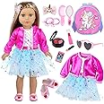 ZNTWEI American 18 Inch Doll Clothes and Makeup Accessories Set Includes 18 Inch Doll Clothes Backpack Sunglasses Phone Shoes Comb Mirror Eye Shadow Lipstick Hair Clip Hair Tie for 18 Inch Doll