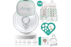MAMASHY Plus Start - 1 Tiralatte Elettrico Indossabile (6 Taglie) + 20 Sacchetti Latte Materno Conservazione, Tira Latte Neonati con Adattatori in Silicone, Kit Allattamento Neonato Accessori Utili