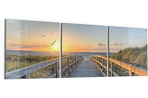 ‎DEQORI DEQORI Glasbilder Echtglas | Motiv Dünenweg zum Meer | horizontal 3-teilig 150x50 cm | große XXL Deko | Wandbilder für Wohnzimmer, Schlafzimmer, Flur & Küche | moderne Wanddeko