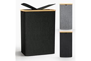 Capocica Wäschekorb mit Deckel 2 Fächer, 140L Wäschesammler schmal mit herausnehmbaren Wäschesack Laundry Baskets Wäscheschrank Wäschetonne Wäschetruhe für Schmutzwäsche Schwarz