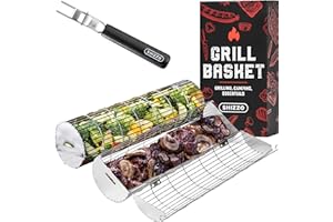 SHIZZO Rolling Grill Basket, Sturdy Cylinder Grilling, Food Grade Stainless Steel, Large Portable Outdoor Camping BBQ Net Rack, Cooking Griller for Fish, Set of 2