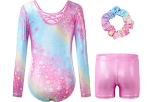 JiAmy Justaucorps de gymnastique pour filles de 3-12 ans avec dos croisé, manches longues et short, tenue de ballet scintillante