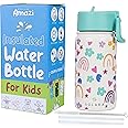 SOLARA Metal Water Bottle for Kids, 14oz Double Wall Vacuum Insulated Stainless Steel Kids Water Bottles with Straw, Sipper Bottle for Kids, Keeps Cool for 24hrs and Warm for 12hrs -Rainbow