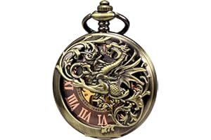TREEWETO Mechanische Skelett-Taschenuhr mit Kette, Antik-Brone Drache