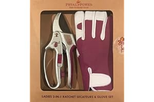 PETAL POWER Ladies Leather Gardening Glove & Advanced 2-in-1 Ratchet Secateurs (Great for weaker hands) Set - Premier Work Gloves & Heavy Duty Pruners - Perfect Garden Gift for Women (Glove - Medium, Purple)