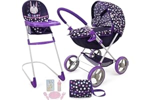 509 Crew Doll Pram n Feed 8 Piece Combo Play Set, Classic Doll Pram, Doll High Chair, Diaper Bag, 5 Piece Feeding Toys, for Dolls 46cm, Pretend Play for Kids Ages 3+