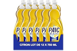 PAIC - Liquide Vaisselle Main BI-ACTIV' Vinaigre & Citron - Nettoie - Dégraisse - Élimine Les Mauvaises Odeurs - Lot de 12 flacons de 750mL