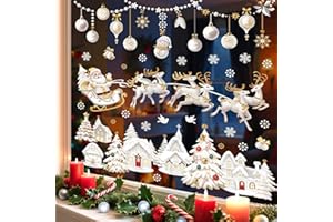 wondever 3D Christmas Snow House Window Clings Christmas Santa Claus Reindeer Glass Sticker Decal Anti Collision Double-Side Static Window Stickers for Glass Xmas Party