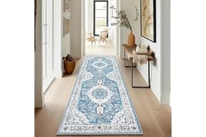 Enyhom Teppich Läufer 60 x 180 cm, Weich rutschfest Blau Kurzflor Küchenteppich Klassisch Flur Eingangsbereich Waschbar Schmutzfangmatte Lang Innen für Waschküche Eingang Badezimmer