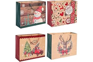 LATERN 8 Piezas Bolsas de Regalo Navideñas, 51CM x 38CM x 18CM Bolsa Grande de Papel Kraft Cajas Gigantes de Papel para Dulces con Asa para Empaquetar Regalos Navideños Gigantes (4 Diseños)