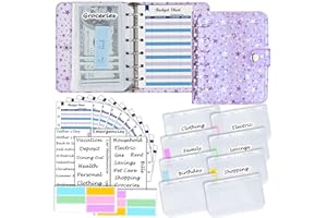 ‎HARPHIA A7-Mappe aus weichem lila PVC mit Sternen 5,39 x 4,33 Zoll, mit Mini-Ordner-Reißverschlusstaschen x8, Budgetblättern x12, Geldumschlagaufklebern x42, Etikettenaufklebern x12, Geldorganisator