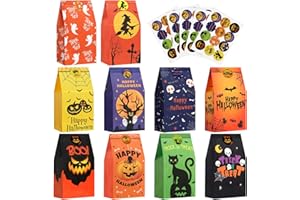 CLEANEATY 50pcs Halloween Treat Bags with 60pcs Stickers - Mini Paper Gift Bags for Trick or Treating & Party Supplies