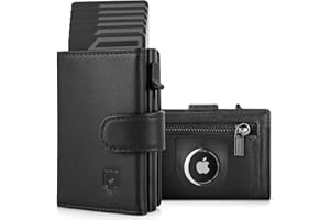 DODENSHA AirTag Wallet, RFID Blocking Genuine Leather Pop Up Credit Card Holder Wallet with Coin Pocket, ID Window, Banknote Compartment & Snap Closure