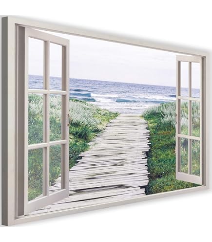 WallArena - Canvas Afbeeldingen - Vensterblik Venster Natuur Strand - 80x60 cm Canvas Afbeeldingen - Afbeelding op canvas - Muurschildering XXL groot Muurschilderingen voor Woonkamer Slaapkamer