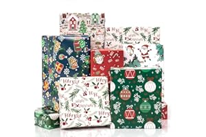 Toptime Papier Cadeau Noel, 6 Feuilles de Emballage Cadeau Noel avec le Père Noël, les Boîtes Cadeaux, le Houx, Papier Cadeau Enfant Coloré, Papier Cadeaux pour Vacances, Nouvel An, Fête, 70x50cm