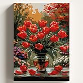 Sayılarla Boyama Tuval Hobi Seti KIRMIZI LALELER Temalı Fır&ccedil;a ve Boya Dahil Set (&Ccedil;ıtalı) 40x50 CM Kendin Yap Sayılarla Tuval 