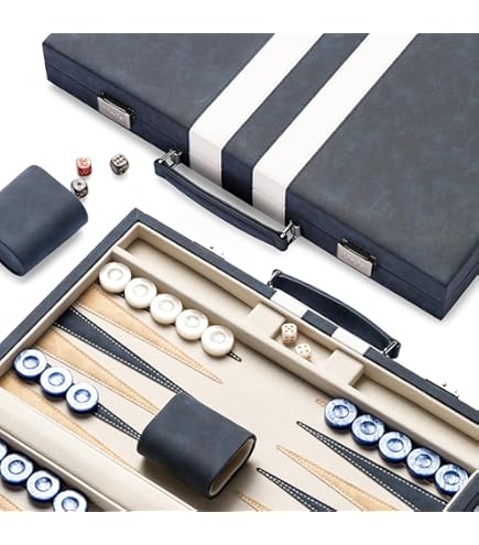 Mallette Backgammon Voyage – Cuir Synthétique Bleu-gris, 29 Cm, Velours Doux, Gobelets Feutrés – Kit Complet Pour Adultes