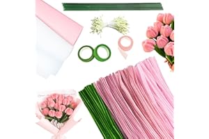 pangdapengpeng 300 Pièces Rose Fil Chenille Kit avec 4 Couleurs, 30cm Cure Pipe Bouquet avec Fil Floral, Ruban et Des Étamines pour Des Décorations Durables (Tulipes Roses)