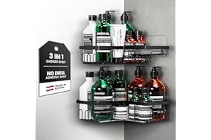 WILFORD & SONS W&S Narożna półka prysznicowa bez wiercenia, zestaw 2 szt. - Półka prysznicowa ze stali nierdzewnej | 2 półki prysznicowe + 2 haczyki na ręczniki | Akcesoria łazienkowe i kuchenne – Czarne