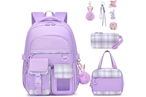 KEBEIXUAN Cartable Fille Primaire Kawaii - Set de 3 Pièces Complet - Sac à Dos Scolaire, Trousse et Sac Repas pour Filles 6-11 Ans (CP au CM2), Violet