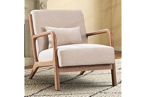 EBELLO Living Room Armchair, Modern Accent Chair with Solid Wood Frame, High Back Upholstered Reading Chair with Waist Cushion, Lounge Chairs for Living Room Bedroom Balcony, Beige