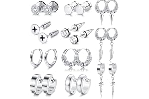ADRAMATA 11 Pares Pendientes Hombre Pendientes Acero Inoxidable de Plata Negra, aretes de tornillo Aretes Colgantes Punk Pendientes de Moda Kpop Pendientes Negros para Hombres Mujeres
