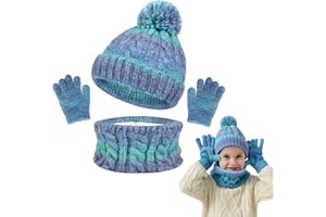 JinBei Conjunto de Gorro y Bufanda y Guantes para Niños, 3in1 Térmico Cálido Invierno Beanie Forro Polar Braga Cuello Gorros con Pompon Punto 3 Piezas Set Niña Niño Regalo 3-10 Años