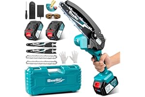 Mini Tronçonneuse à Batterie 8000mAh, Seesii 6 Pouces Tronçonneuse Électrique sans Fil, avec Injecteur de Lubrifiant et 2 Batteries 4.0 mAh, Mini Scie à Chaîne Électrique, 2 Chaînes, CH600+