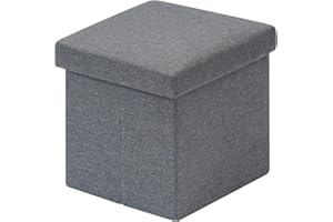 Bonlife Grey Small Ottoman Storage Box with Lid,Foot Rest Stool with Storage,Linen Toy Chest Box,Folding Footstool Cube Seat for Living Room 11.8"