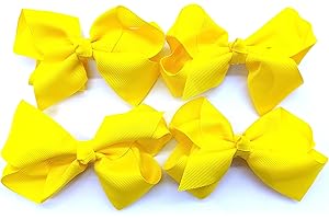LA PETITE PRINCESSE Set of 4 Hair Bow School Clips Girls Bows Ribbons Hair Grips for School (Yellow)