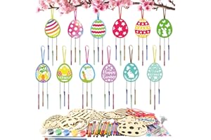HONMOK 12 Kits Colorer Carillon Vent Oeuf Ajouré en Bois avec Pinceaux et Peinture pour Enfants Loisirs Créatifs Pâques Activité Groupe DIY Déco Suspendu