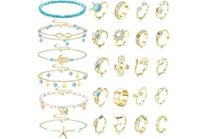 Kakonia 5Pcs cavigliere e 20Pcs Anelli per Le Dita dei Piedi per Le Donne Turchese Regolabile Open Toe Ring Cavigliere Bracciali Argento Oro Spiaggia Piedi Gioielli