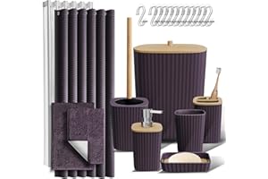 Clara Clark Bathroom Accessories Set - Bathroom Accessory Set with Shower Curtain Set, Toilet Brush, Trash Can & Soap Dispenser & Rugs (Purple, Complete Set + Bath Rugs)