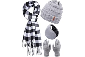 ANECO Winter Warm Knitted Sets Buffalo Plaid Scarf Beanie Hat Touch Screen Gloves and Winter Ear Warmer Set for Men or Women