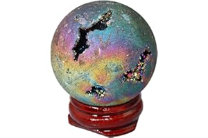 mookaitedecor Agate Géode Sphère Boule Statue Decoratifs avec Support Bois,Reiki Pierres et Cristaux Lithotherapie Collection