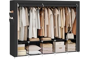 SONGMICS Clothes Wardrobe, Portable Closet, Garment Organiser Rack with 5 Hanging Rails, Shelves, 4 Side Pockets, 45 x 211 x 167 cm, Large Capacity, Ink Black RYG095B01