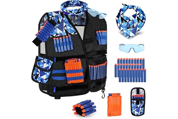 Lehoo Castle Gilet Tactique Enfants pour Nerf N-Strike Elite Series, avec fléchettes, étui à fléchettes, Bracelet, Masque Facial, chargeurs et Lunettes (Bleu)
