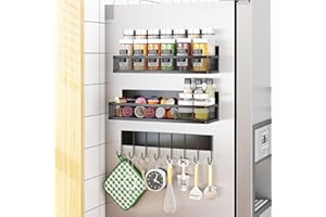 Aufworld Lot de 3 étagères magnétiques pour réfrigérateur, organiseur de réfrigérateur mobile avec 8 crochets, organisateur d'assaisonnement pour cuisine