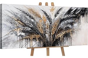 YS-Art Modern Art Black Gold Abstract Acrylic Painting on Canvas Beautiful Pictures Hand-Painted Wall Picture Living Room Home Decor Real Work of Art 45x20 inch