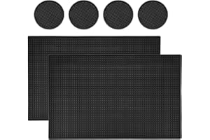 Homtone 6 Tappetini da Bar e Pub, 45x30 cm in Gomma Antiscivolo, Tappetini per Asciugare il Vetro, per Appoggiare Caffè, Whisky, Cocktail, per Cucina, Ristorante, Nero, con 4 Sottobicchiere Rotondo