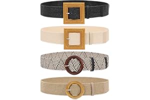 JASGOOD 4 Pack Straw Woven Elastic Stretch Waist Belts for Women Dresses, Fashion Boho Ladies Braided Skinny Belt