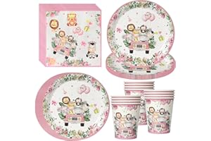 PYAILI Set 52 pezzi tema safari Piatti con animali, bicchieri e tovaglioli per feste nella giungla, per 16 ospiti